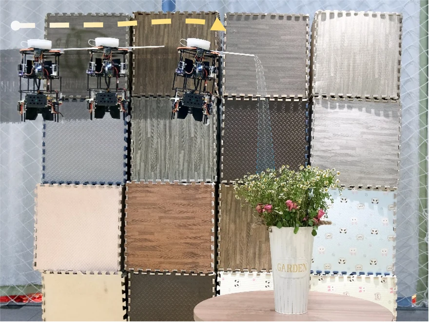 FLOAT Drone flying laterally beside a wall and flowers in a close-proximity experiment