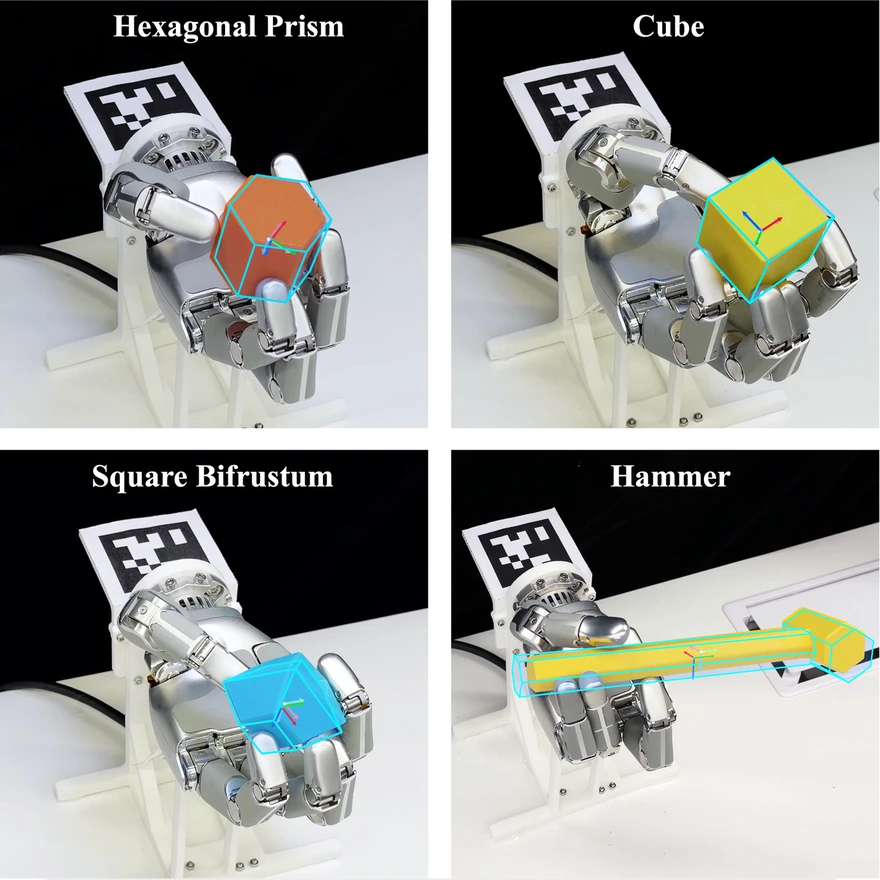 POISE real-world in-hand 6D pose reaching with a hexagonal prism, cube, square bifrustum, and hammer